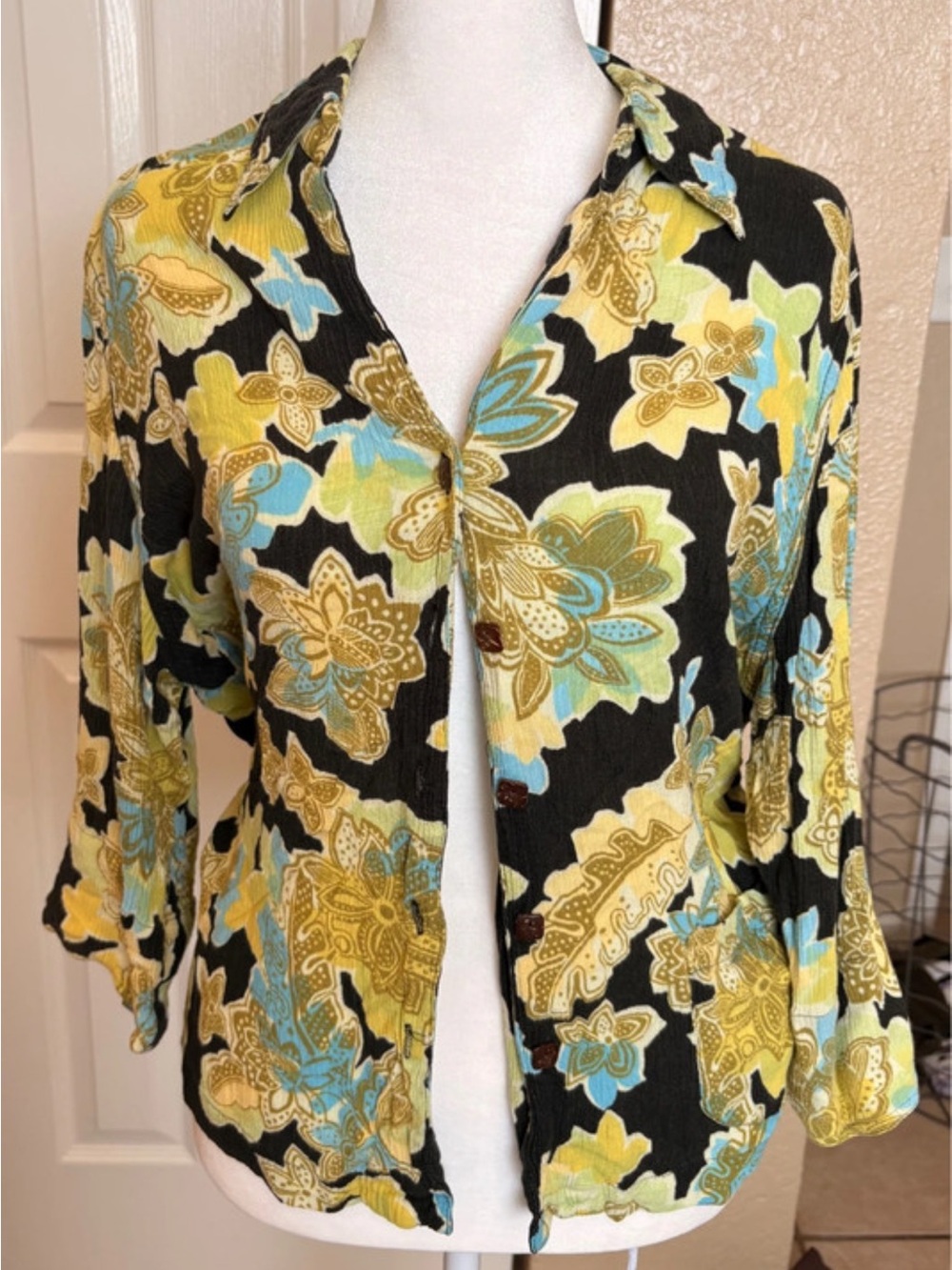 Anna Black Floral Button-Front Shirt with Yellow & Blue Accents